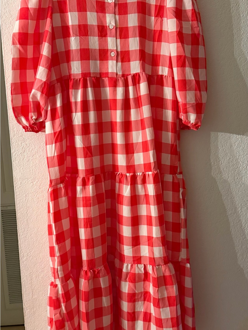 Red and White Gingham Maxi Dress with Tiered Skirt - Picture 4 of 5
